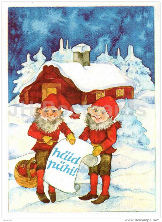 Christmas Greeting Card by Maili Lepp - gnomes - winter house - illustration - 1990 - Estonia USSR - used - JH Postcards