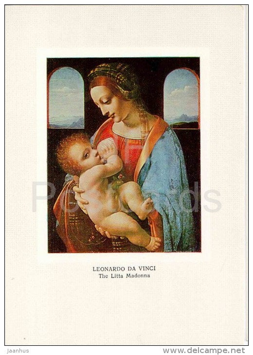 painting by Leonardo da Vinci - The Litta Madonna , 1470s - woman and child - italian art - unused - JH Postcards