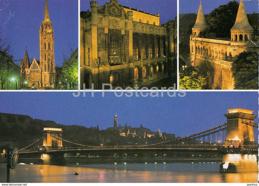 Budapest - night - bridge - cathedral - architecture - multiview - 1984 - Hungary - used - JH Postcards