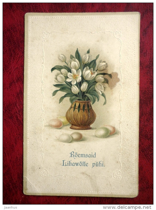 Easter greeting card - embossed- eggs - crocus - flowers - circulated in 1913 - tsarist Russia, Estonia - used - JH Postcards