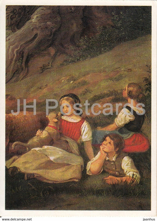painting by Ludwig Richter - Abendlauten - chldren - dog - German art - Germany - unused - JH Postcards
