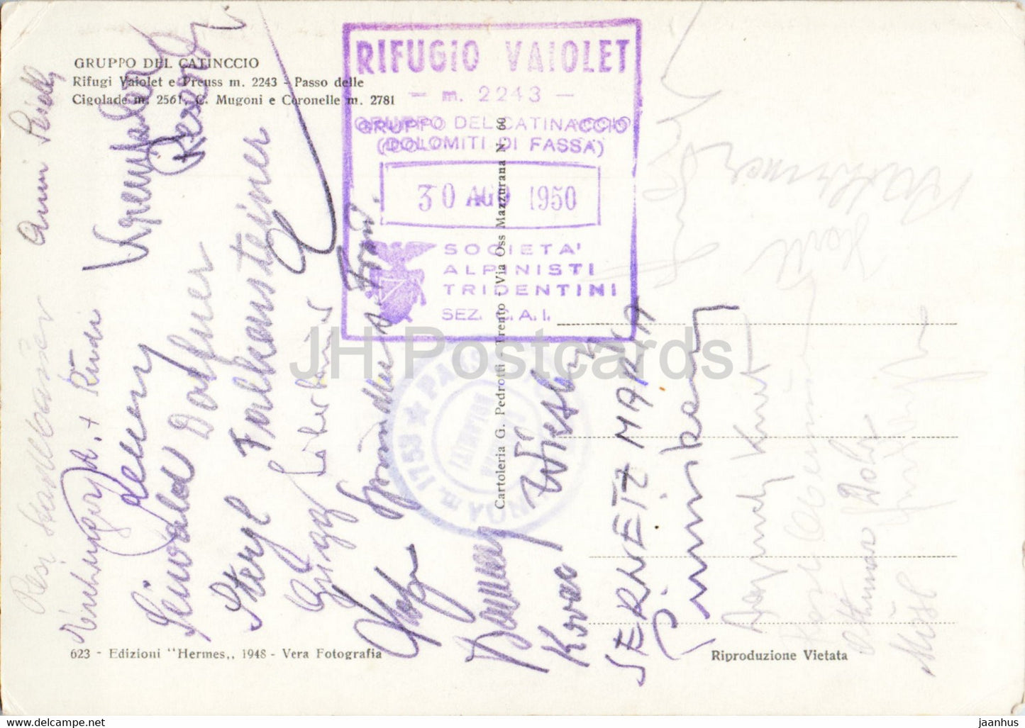 Gruppo del Catinaccio - Rifugi Vaiolet e Preuss - Passo delle Cigolade - carte postale ancienne - 1950 - Italie - utilisé