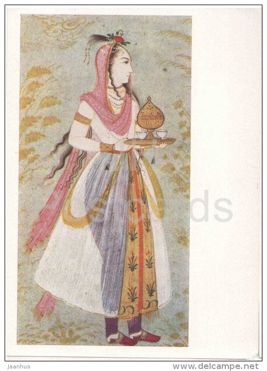 Maid , Mughal School - woman - Indian Miniature - India - 1957 - Russia USSR - unused - JH Postcards