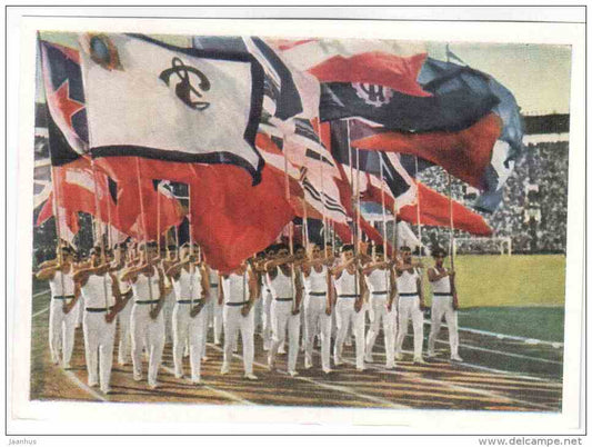 Parade of athletes - flags - stadium - Building the Communism - 1964 - Ukraine USSR - unused - JH Postcards