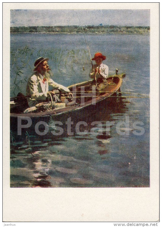 painting by V. Makovsky - Fisher . Finland , 1899 - boy - boat - old man - Russian art - 1963 - Russia USSR - unused - JH Postcards