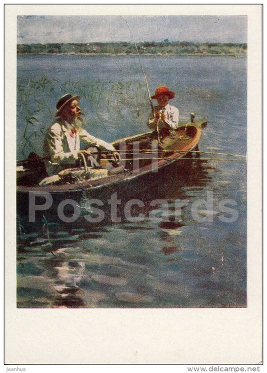 painting by V. Makovsky - Fisher . Finland , 1899 - boy - boat - old man - Russian art - 1963 - Russia USSR - unused - JH Postcards