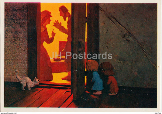 Hansel and Gretel by Brothers Grimm - cat - dolls - Fairy Tale - 1975 - Russia USSR - unused - JH Postcards