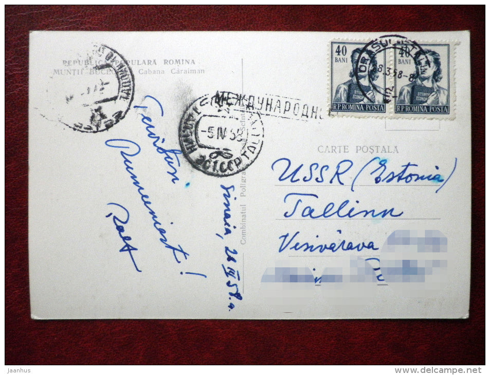 Muntii Bucegi - Cabana Caraiman - Bucegi Mountains , sent in Estonia SSR 1958 - Romania - used - JH Postcards