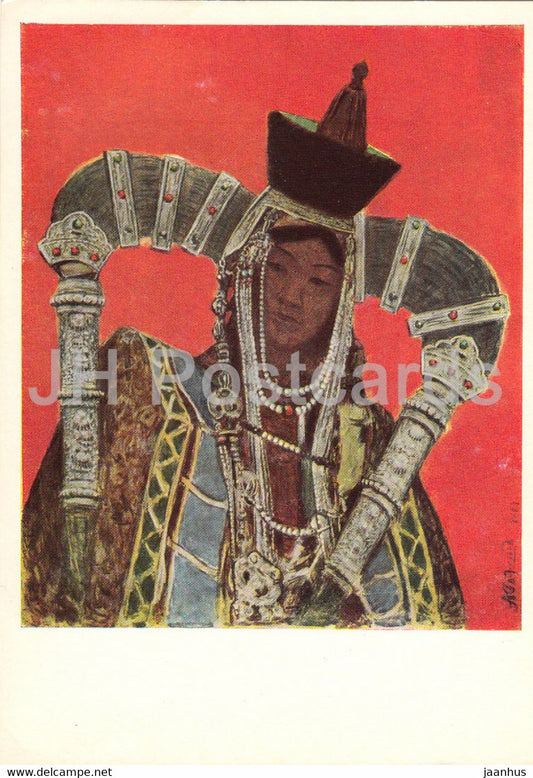 painting by A. Stroganov - Mongolia Woman in Folk Costumes - Mongolian art - 1966 - Russia USSR - unused - JH Postcards
