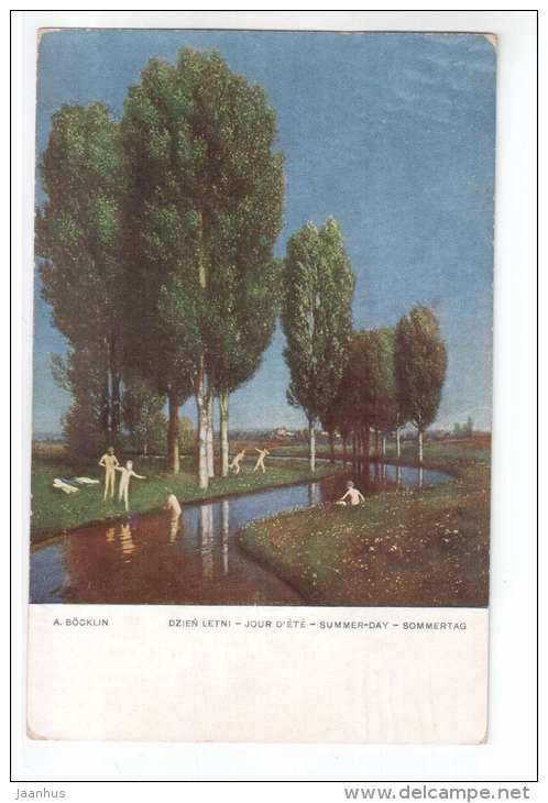 illustration by Arnold Böcklin - Summer Day - kids swim - circulated in Estonia 1929 - used - JH Postcards