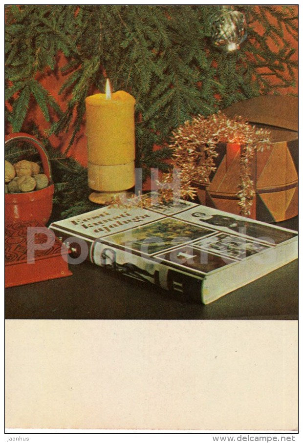 New Year greeting card - 2 - candle - book - decorations - 1982 - Estonia USSR - used - JH Postcards