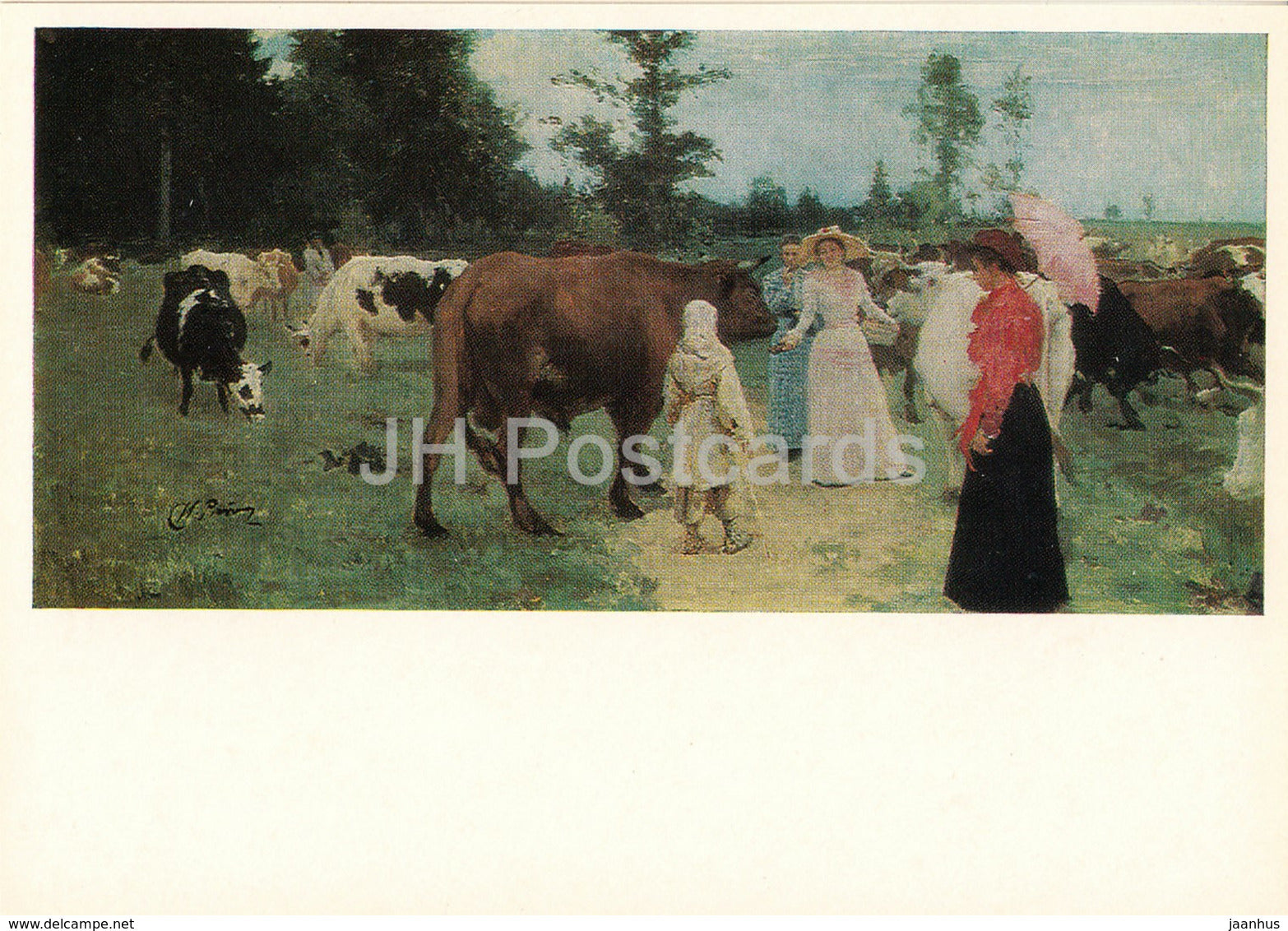 painting by I. Repin - Young ladies walking among the herd of cows - cow - Russian art - 1980 - Russia USSR - unused