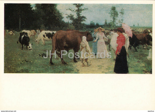 painting by I. Repin - Young ladies walking among the herd of cows - cow - Russian art - 1980 - Russia USSR - unused