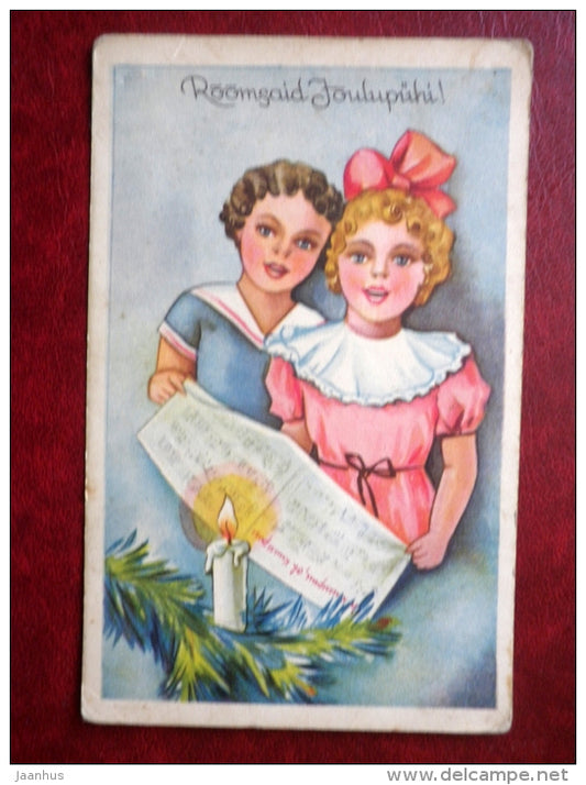 Christmas Greeting Card - children - singing - candle - MH - circulated in 1939 - Estonia - used - JH Postcards