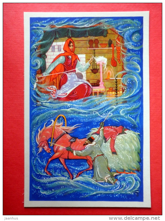 illustration by K. Andrianov - horse carriage - woman - Frost the Red Nose by S. Saharnov - 1971 - Russia USSR - unused - JH Postcards