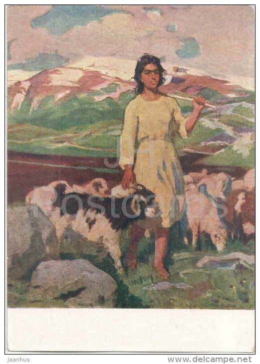 painting by O. Minasyan - Spring in the Mountains - young woman - sheep - lamb - armenian art - unused - JH Postcards