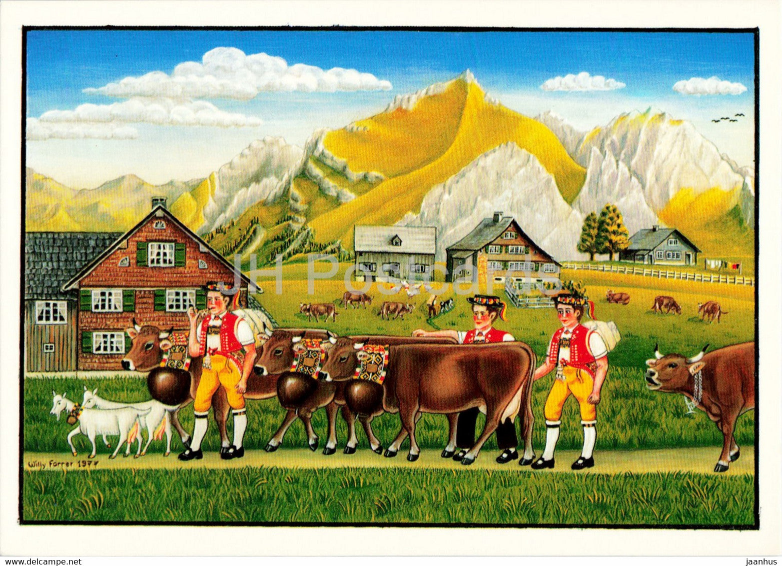 Im Oberdorf z'Wildhaus by Willi Forrer - illustration - animals - cow - folk costumes - Switzerland - unused - JH Postcards