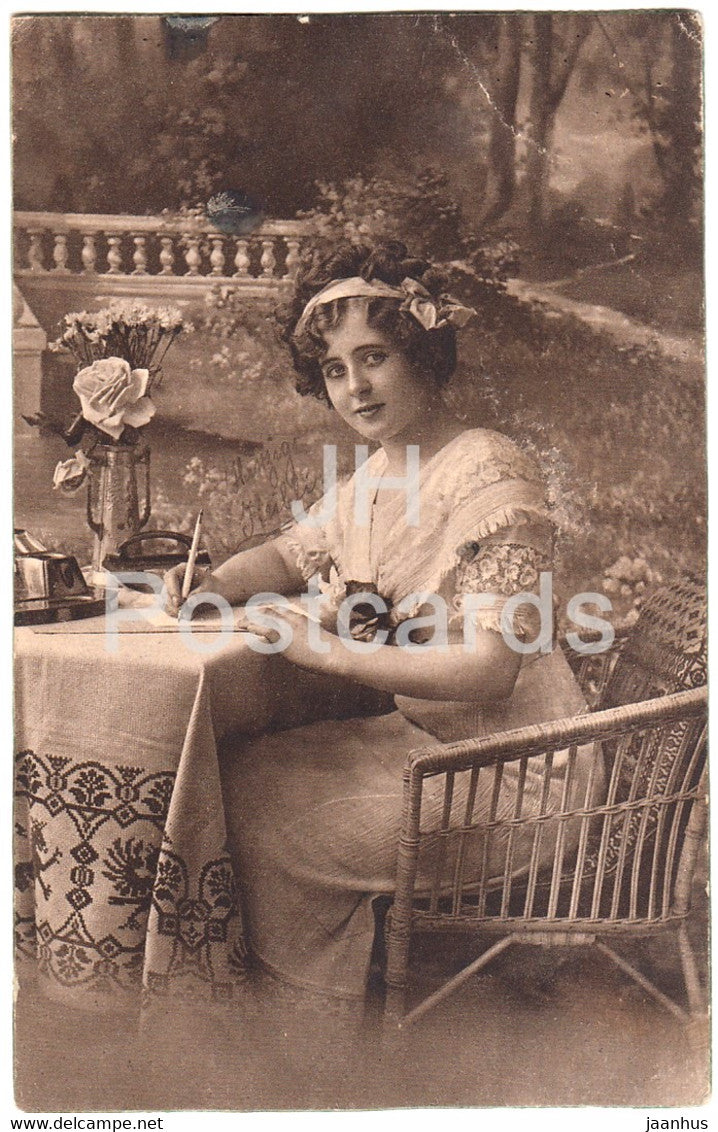 woman - writing letter - Serie Nr 2965 - old postcard - Austria - used - JH Postcards