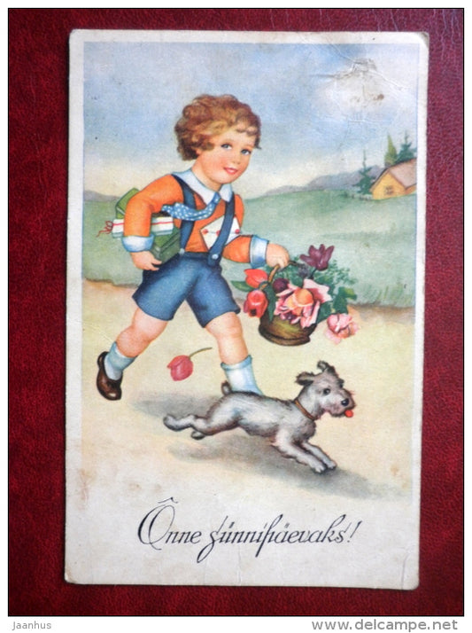 Birthday Greeting Card - boy - dog - flowers - circulated in 1937 - Estonia - used - JH Postcards