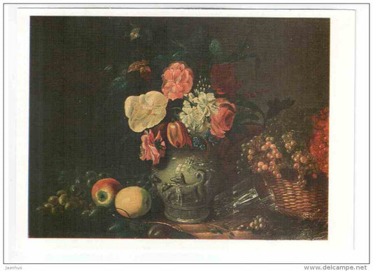 painting by I. F. Khrutsky - Flowers and Fruit - still life - apple - roses - grape - russian art - unused - JH Postcards