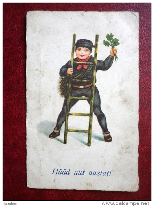 New Year Greeting Card - chimney sweeper - ladder - Amag No 1642 - old postcard - Estonia - used - JH Postcards