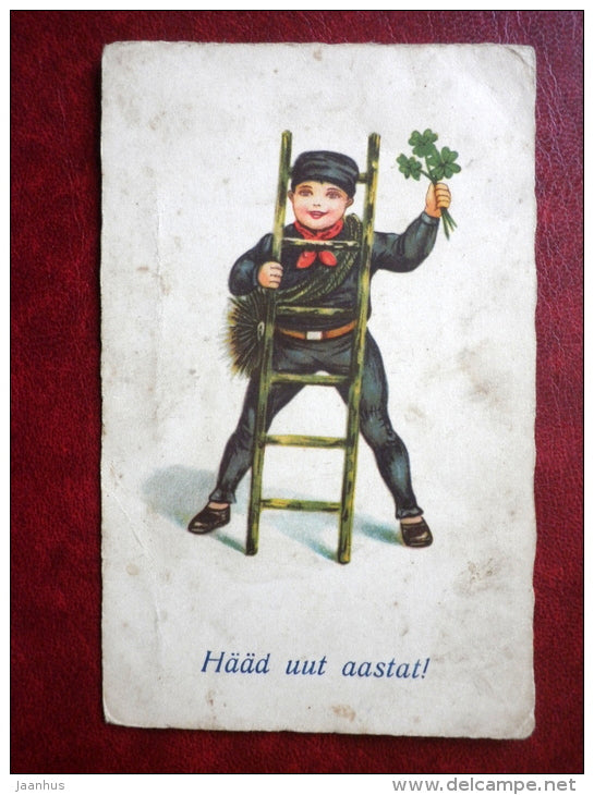 New Year Greeting Card - chimney sweeper - ladder - Amag No 1642 - old postcard - Estonia - used - JH Postcards