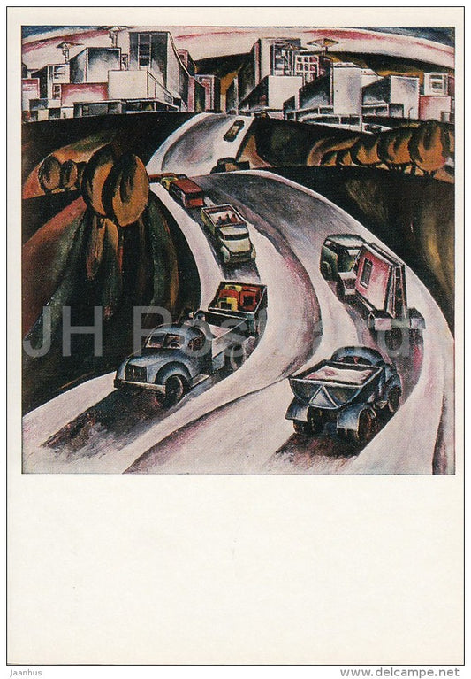 painting by A. Novikov - New Roads , 1975 - trucks - Moldavian art - Russia USSR - 1978 - unused - JH Postcards