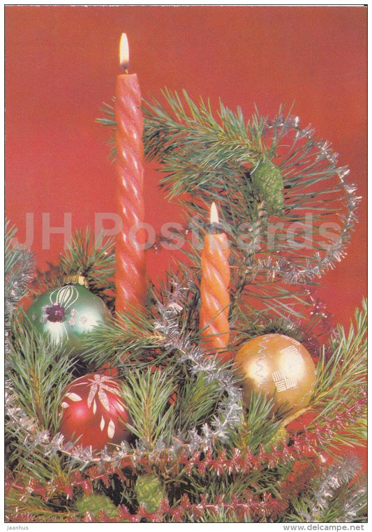 New Year Greeting Card - candles - decorations - postal stationery - 1990 - Russia USSR - used - JH Postcards