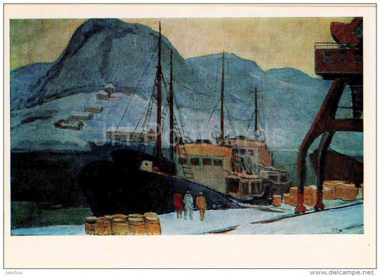 painting by T. Biziryan - Fishing Port , 1961 - ship - russian art - unused - JH Postcards