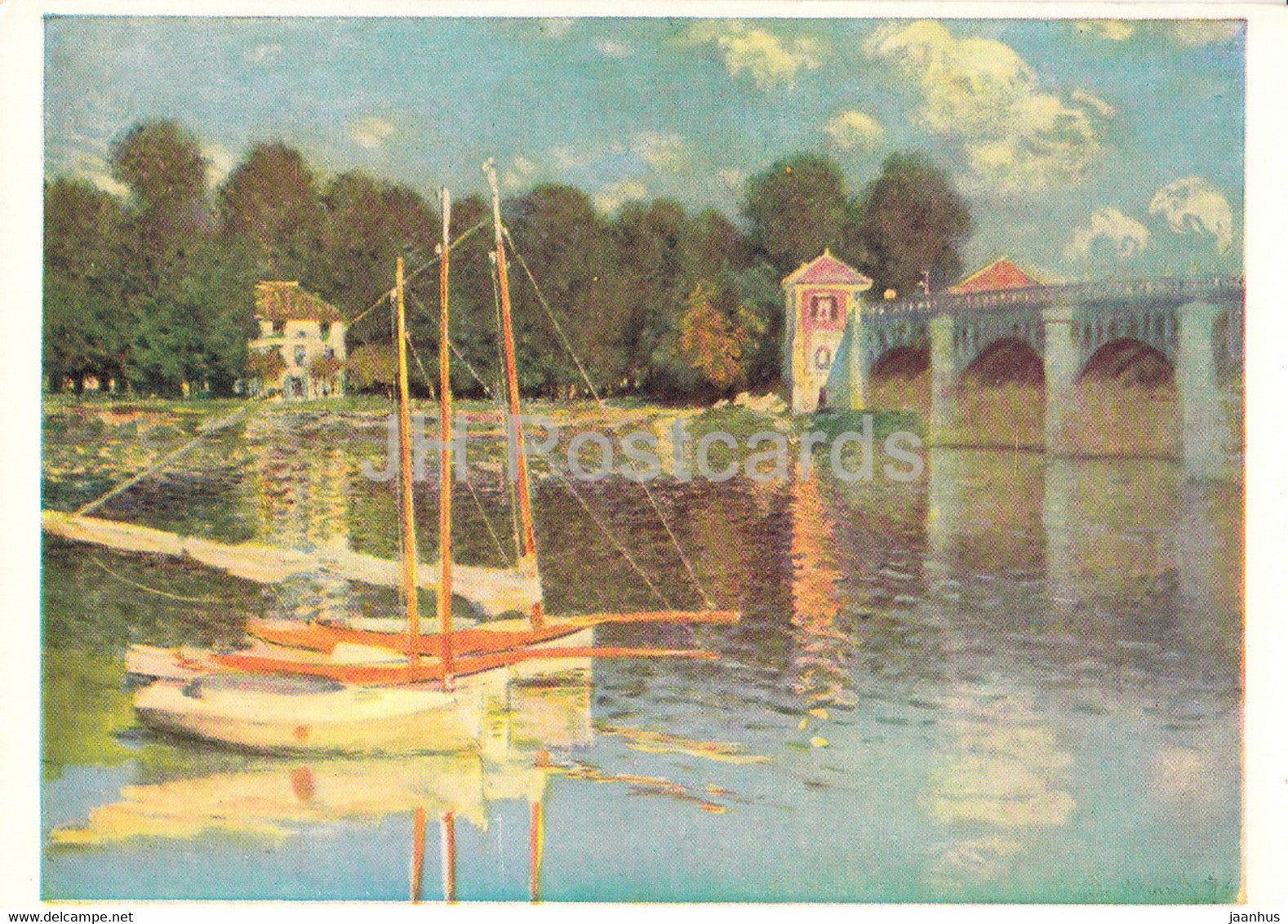 painting by Claude Monet - Railway Bridge at Argenteuil - sailing boat - French art - England - unused - JH Postcards