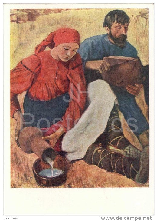 painting by Z. Serebryakova - Peasants , 1914 - bread - milk - russian art - unused - JH Postcards