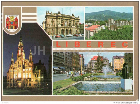 square - town hall - Saldy Theatre - Liberec - Czechoslovakia - Czech - unused - JH Postcards