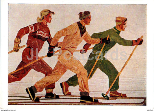 painting by A. Deyneka - Skiers - cross country skiing - sport - Russian art - 1963 - Russia USSR - unused - JH Postcards