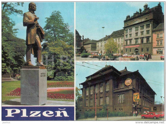 monument to Bedrich Smetana - restaurant Prazdroj - Plzen - Republic square - Czechoslovakia - Czech - unused - JH Postcards
