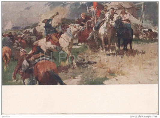painting by E. Moiseyenko - First Cavalry Army - horses - soldiers - russian art - unused - JH Postcards