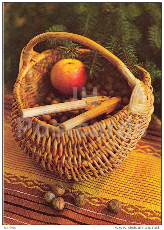 New Year Greeting card - 2 - apple - nuts - nutcracker - 1985 - Estonia USSR - used - JH Postcards