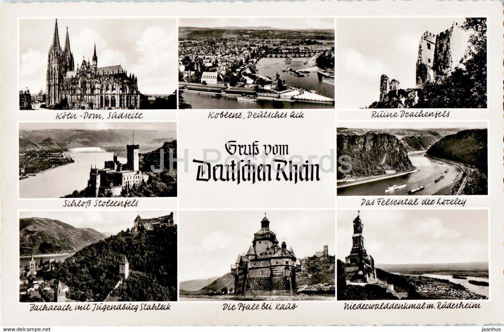 Gruss vom Deutschen Rhein - Koln - Koblenz - Stolzenfels - Felsental - old postcard - Germany - unused - JH Postcards