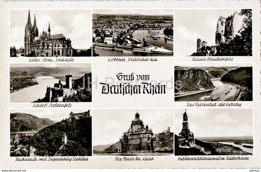 Gruss vom Deutschen Rhein - Koln - Koblenz - Stolzenfels - Felsental - old postcard - Germany - unused - JH Postcards