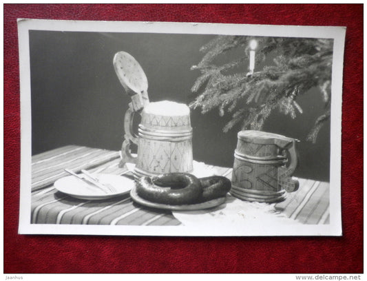New Year Greeting  Card - beer mug - blood sausage - 1961 - Estonia USSR - used - JH Postcards