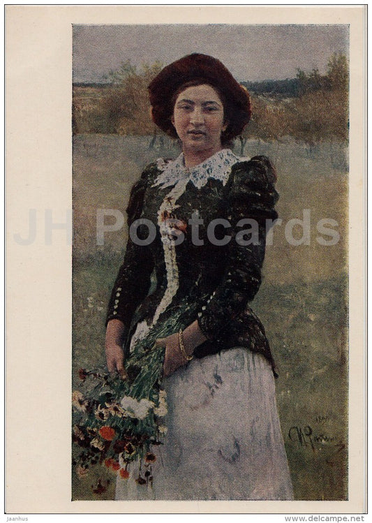 painting  by I. Repin - Autumn Bouquet , 1892 - woman - Russian art - 1954 - Russia USSR - unused - JH Postcards