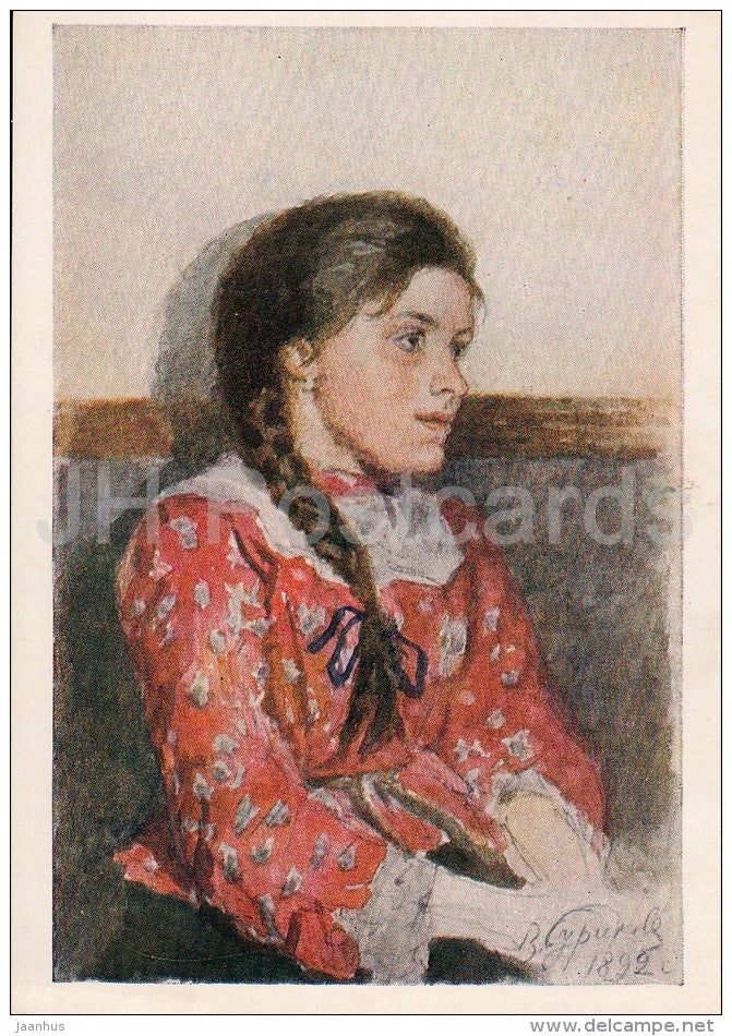 painting by V. Surikov - Girl in Red Blouse , 1892 - Russian art - 1955 - Russia USSR - unused - JH Postcards
