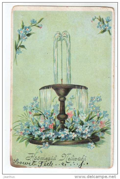 Pentecost Greeting Card - fountain - flowers - Ser 536 - old postcard - circulated in Tsarist Russia Estonia - used - JH Postcards