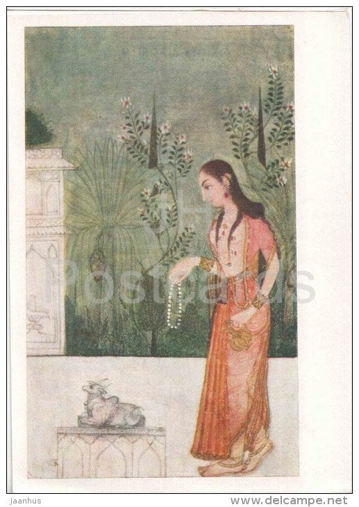 Young Woman brings a Sacrifice to the Bull , Pahari School - Indian Miniature - India - 1957 - Russia USSR - unused - JH Postcards