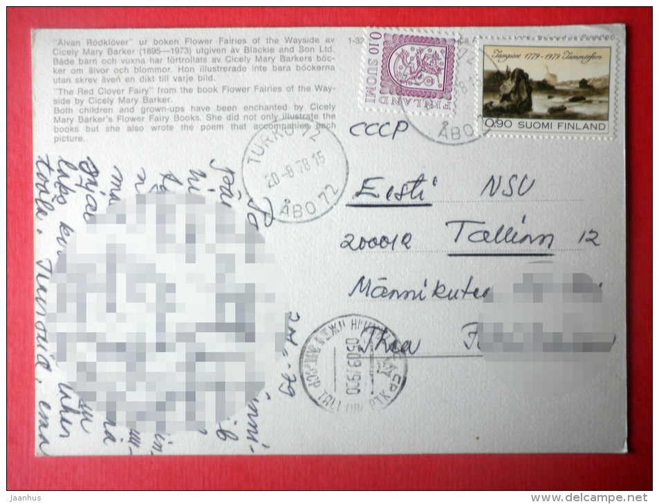 illustration by Cicely Mary Barker - The Red Clover Fairy - Sweden - sent from Finland Turku to Estonia USSR 1979 - JH Postcards