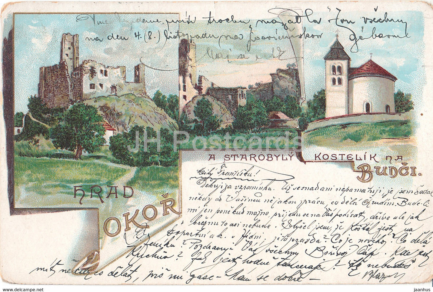Hrad Okor - A Starobyly kostelik na Bunci - castle ruins - old postcard - 1903 - Czech Republic - used - JH Postcards