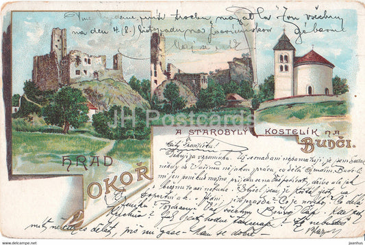 Hrad Okor - A Starobyly kostelik na Bunci - castle ruins - old postcard - 1903 - Czech Republic - used - JH Postcards