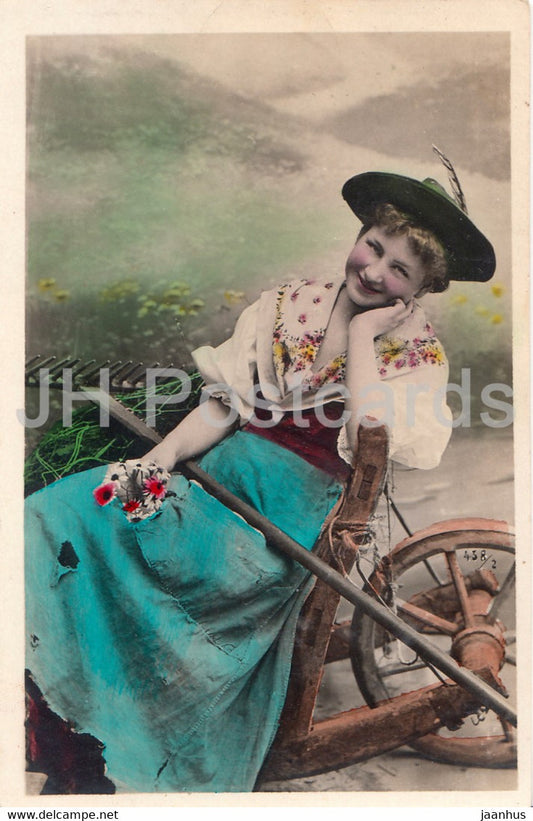 countryside woman - cart - old postcard - 1908 - used - JH Postcards