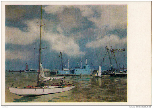 painting by E. Kalnins - In the Port , 1973 - sailing boat - Latvian art - 1986 - Russia USSR - unused - JH Postcards
