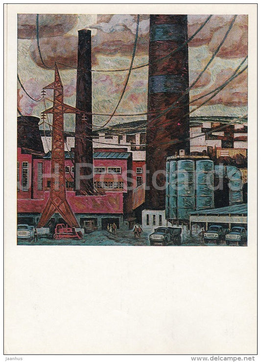 painting by M. Burya - Industrial Landscape , 1975 - trucks - Moldavian art - Russia USSR - 1978 - unused - JH Postcards