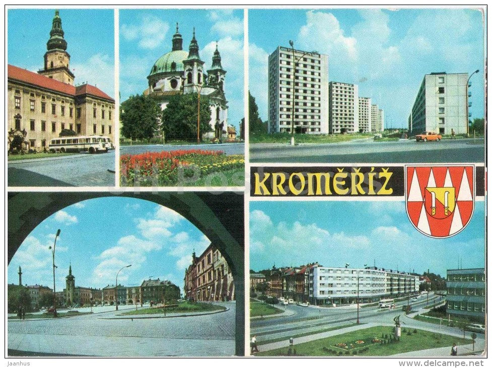 Kromeriz - castle - Church of St. John the Baptist - housing Belidla - square - bus - Czechoslovakia - Czech - used 1977 - JH Postcards